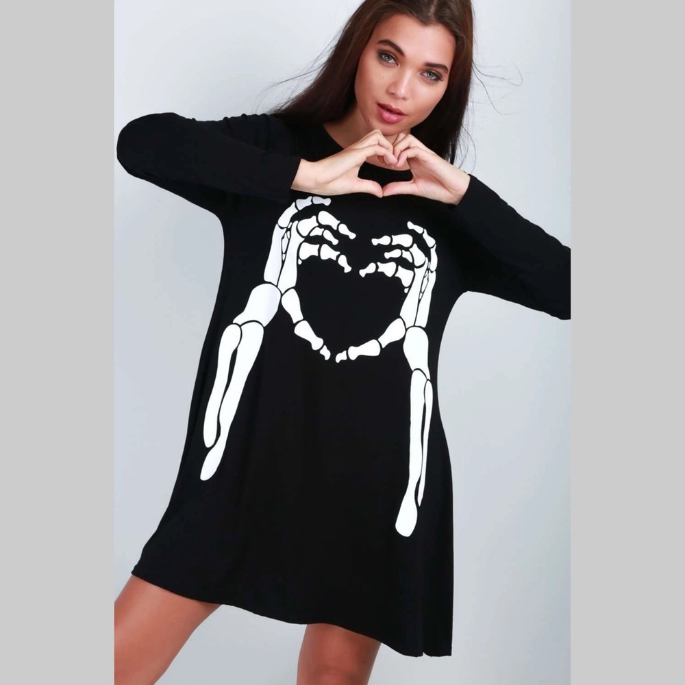 BEJEALOUS LONG SLEEVE SKELETON PRINT SKATER DRESS